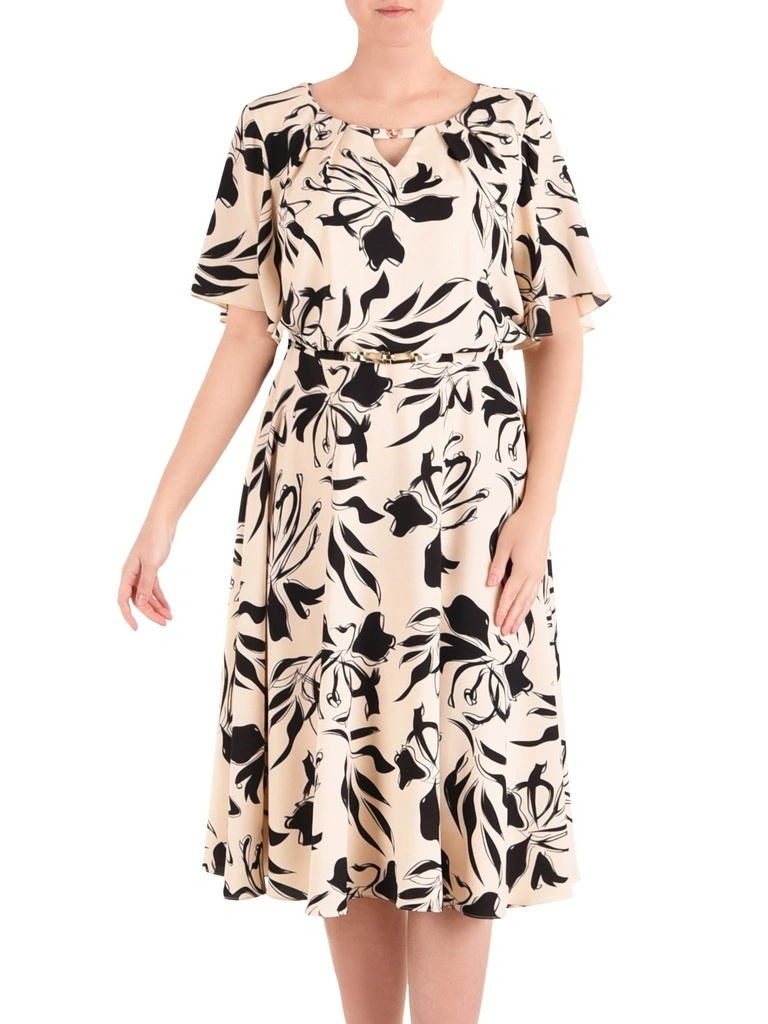 Elegancka rozkloszowana sukienka midi w beżowe wzory – kobiecy krój modelujący sylwetkę 41645