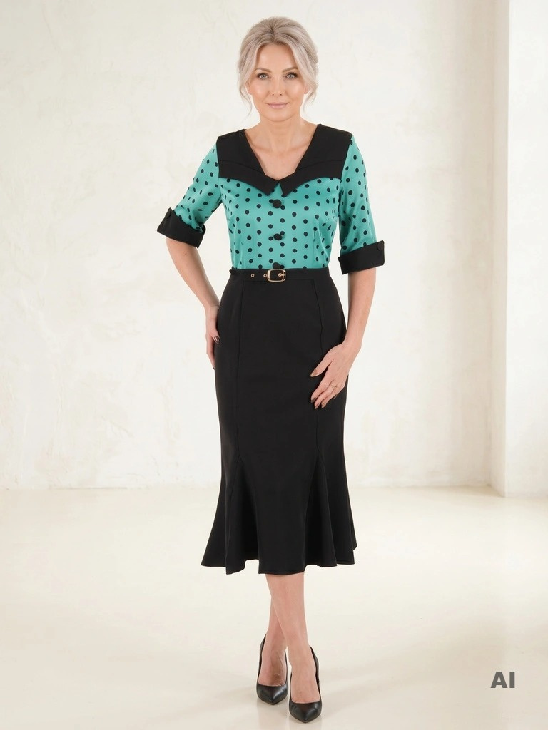 Elegancka czarna sukienka syrenka w zielone grochy – kobieco modelujący fason z paskiem 37474