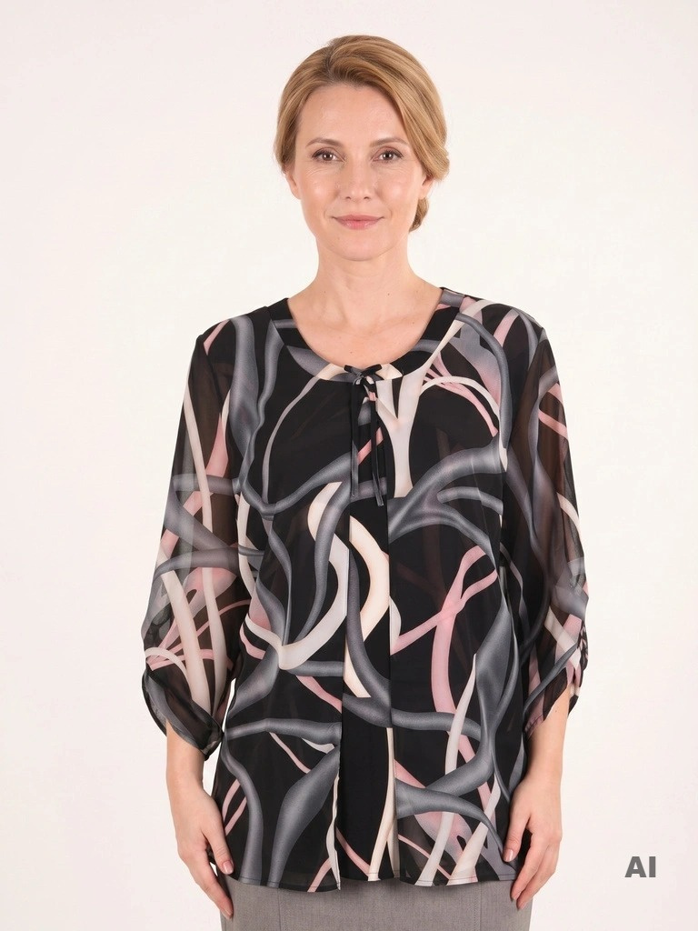 Nowoczesna czarna tunika plus size z dynamicznym printem – luźny fason z imitacją narzutki, wysmuklający sylwetkę 41087