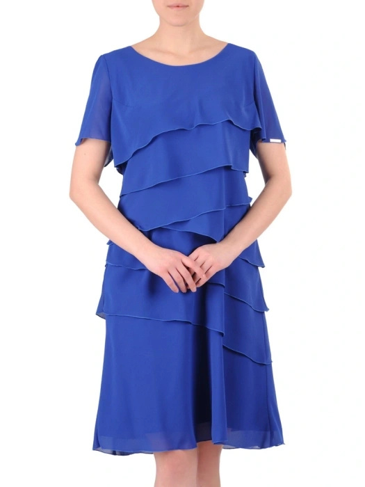 Elegancka chabrowa sukienka trapezowa midi – falbany na rękawach i luźny fason 35219