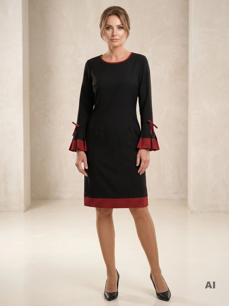 Elegancka czarna sukienka w pepitkę midi – prosty krój z czerwonymi detalami i kokardkami 31421