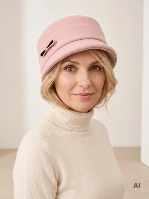 Elegancki kapelusz damski cloche w kolorze brudnego różu – zgrabny fason z wywiniętym rondem 42437