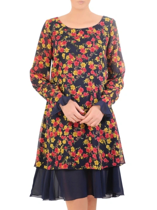 Jesienna sukienka trapezowa midi w kwiaty – swobodny krój z elegancką falbaną 31659