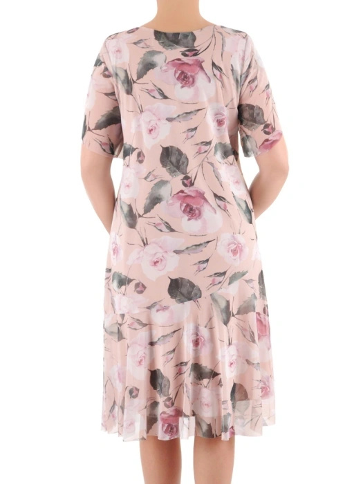 Elegancka sukienka trapezowa midi w botaniczny print – subtelny dekolt w serek wysmuklający sylwetkę 39559