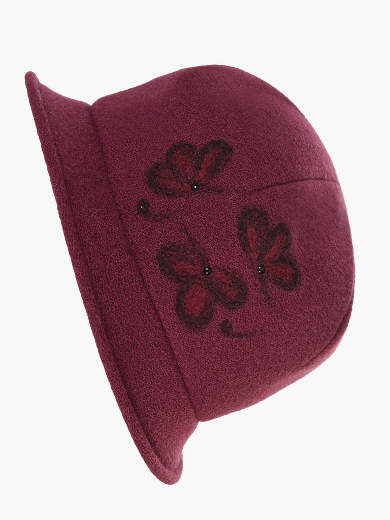 Elegancki kapelusz damski cloche z wywiniętym rondem – kobiecy krój z regulacją obwodu i kwiatową ozdobą 42367