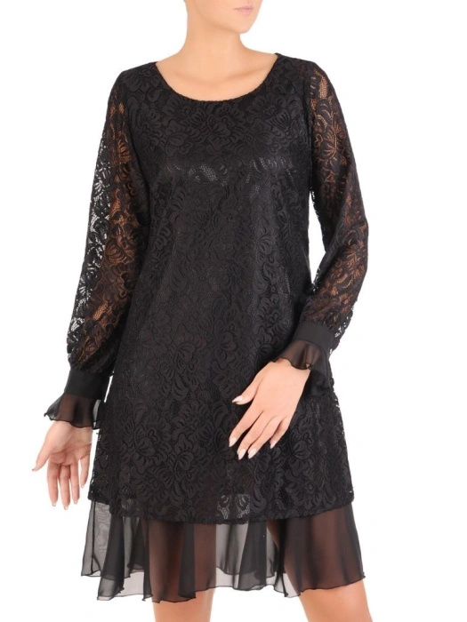 Elegancka czarna sukienka trapezowa midi w kwiaty – swobodny krój z ozdobnymi falbanami 27386