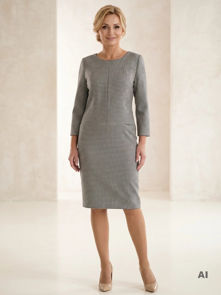 Elegancka granatowa sukienka w pepitkę do pracy – prosty fason midi wysmuklający sylwetkę 40983