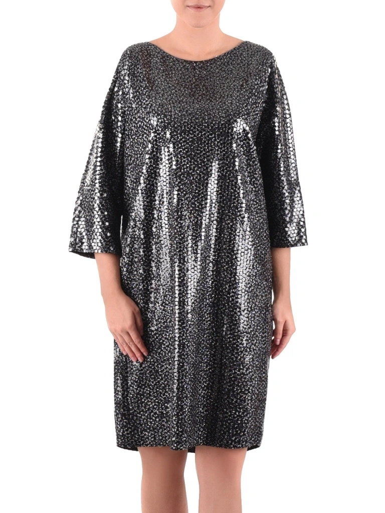 Granatowo-srebrna wizytowa sukienka midi tuba – elegancki model z dekoltem łódka i rękawem 3/4 40496