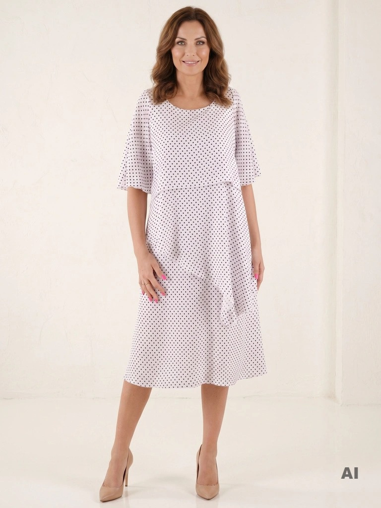 Elegancka sukienka trapezowa w groszki – zwiewny fason tuszujący niedoskonałości 38245