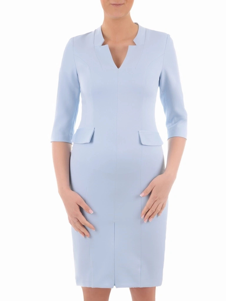 Elegancka sukienka wizytowa o prostym kroju błękitna – modelujące sylwetkę cięcia i rękaw 3/4 35669