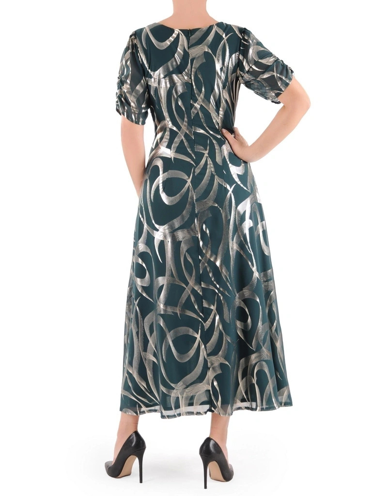 Elegancka suknia wieczorowa rozkloszowana maxi w butelkowej zieleni – wysmuklający fason z dekoltem V 38646