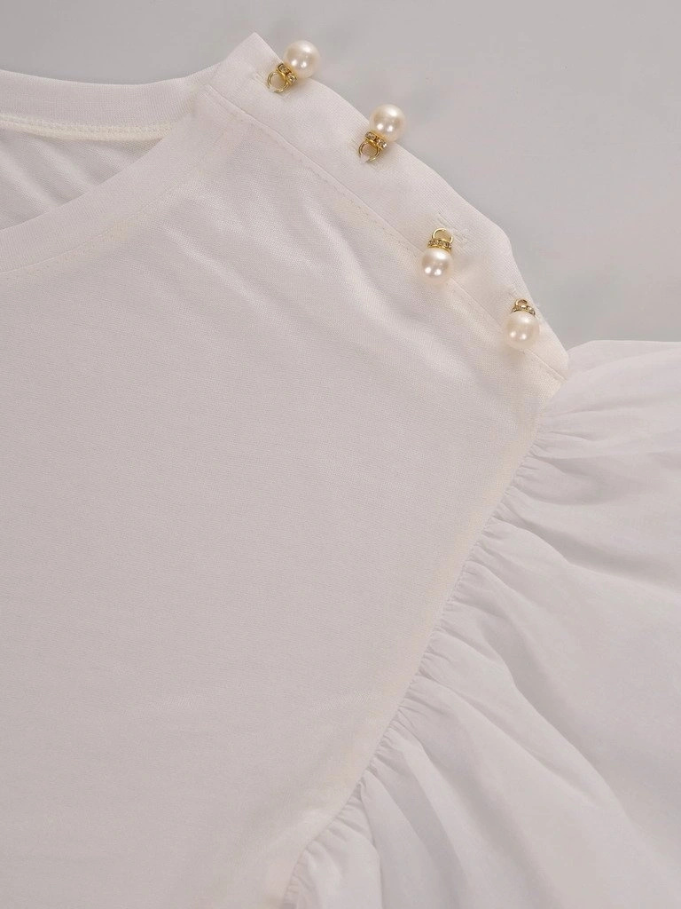 Elegancka bluzka wiskozowa ecru z perełkami – prosty fason na uroczyste okazje 16901