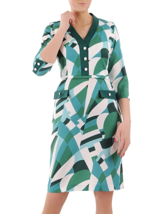Zielona sukienka midi w geometryczny print – tuszujący prosty krój z ozdobnymi patkami 35505
