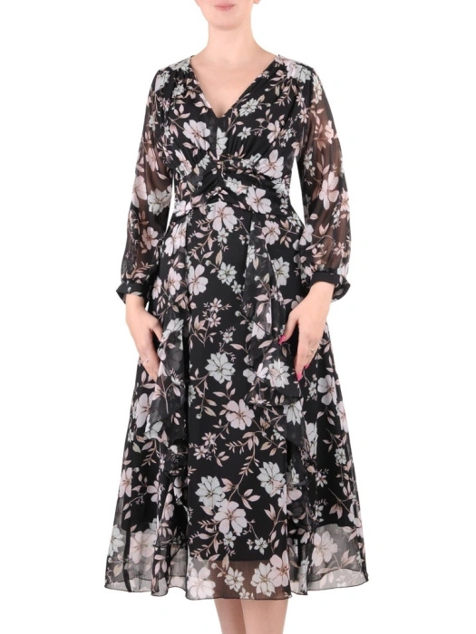 Elegancka czarna sukienka rozkloszowana w kwiaty – kobiecy dekolt serek i fason tuszujący biodra 35290