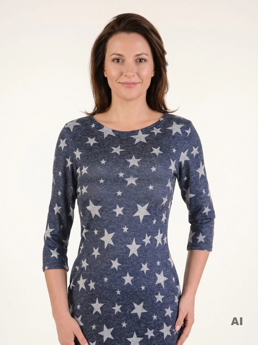 Elegancka granatowa tunika w gwiazdki z rękawem 3/4 – prosty fason maskujący biodra 13185
