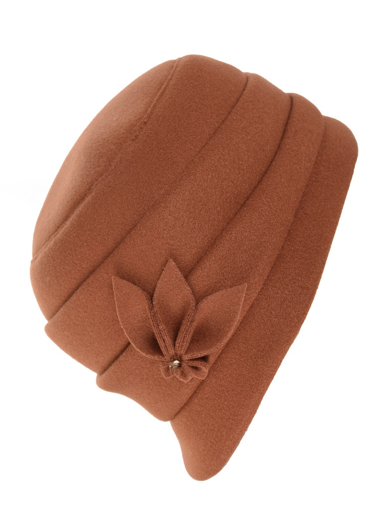 Elegancki rudy kapelusz damski cloche na jesień – ozdobna wstawka i ocieplana podszewka 42429