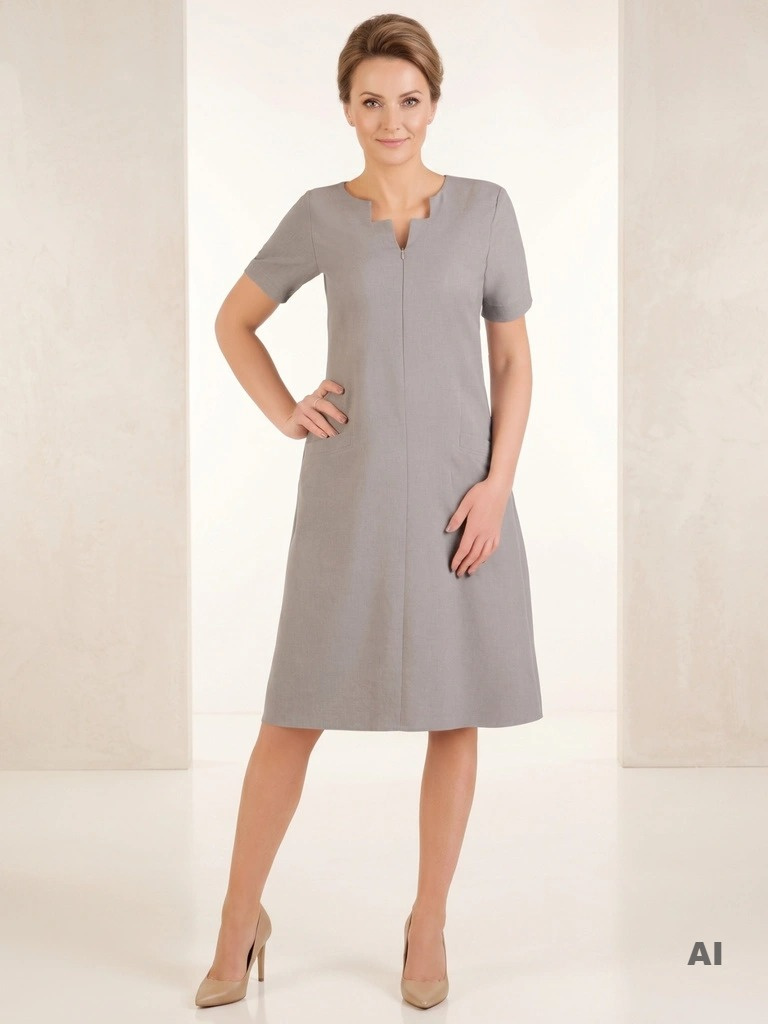 Elegancka rozkloszowana sukienka w kolorze cappuccino – kieszenie i modelujące talię przeszycia 29020