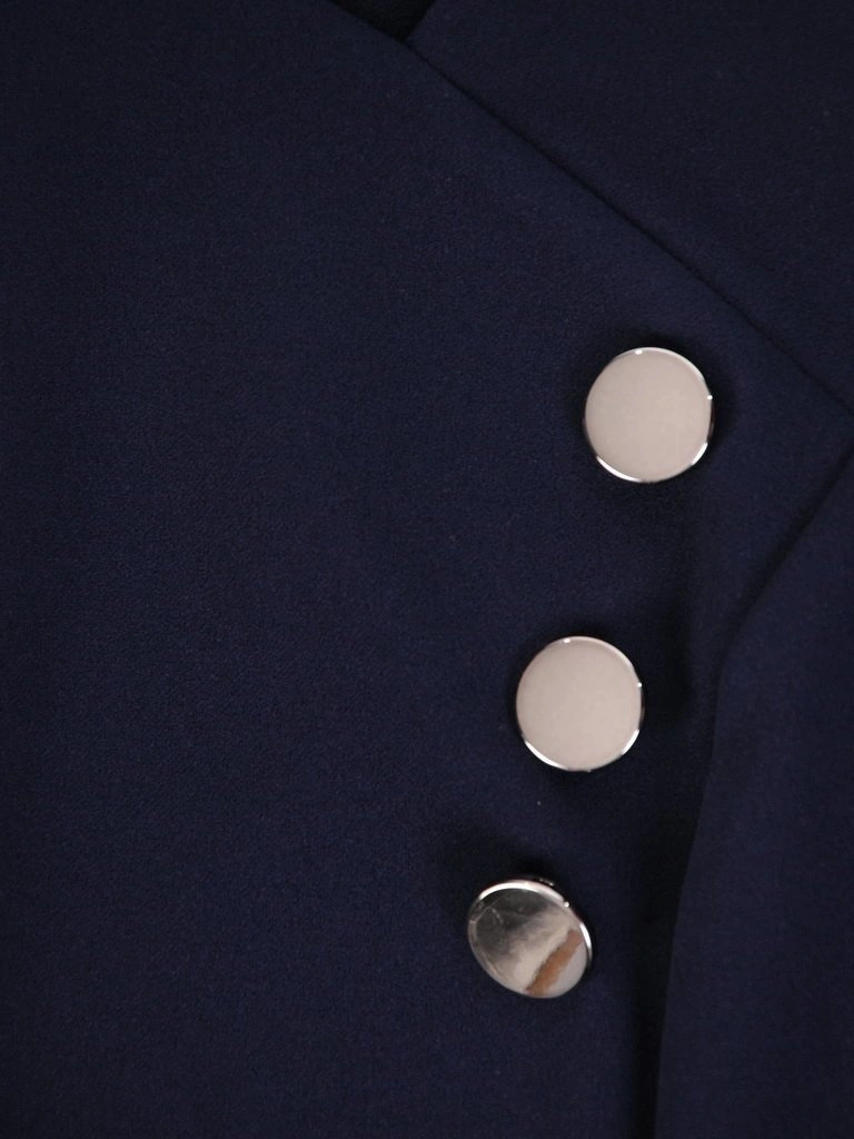 Elegancka granatowa tunika rozkloszowana – szyfonowe falbany dodające lekkości sylwetce 27282