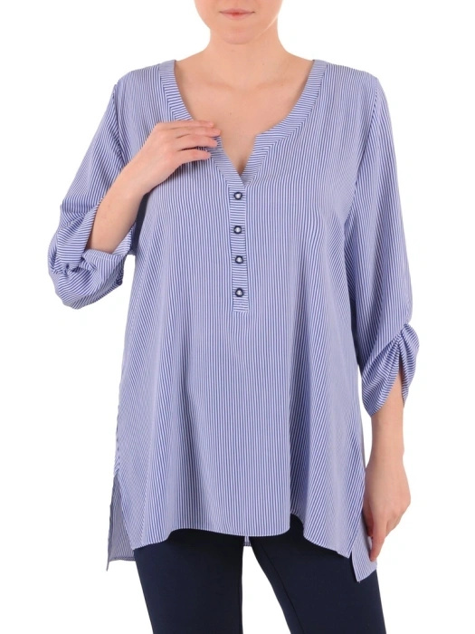 Elegancka bluzka wiskozowa w paski – swobodny fason trapezowy z dekoltem w serek 39694