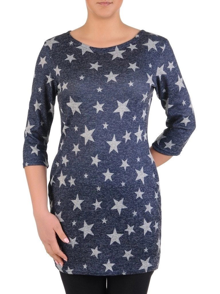 Elegancka granatowa tunika w gwiazdki z rękawem 3/4 – prosty fason maskujący biodra 13185