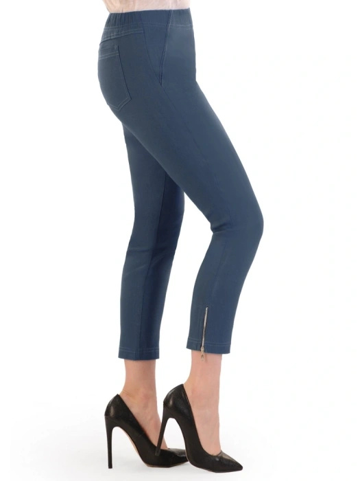 Eleganckie niebieskie spodnie damskie na gumce – dopasowany fason ze stylowymi suwakami 34875