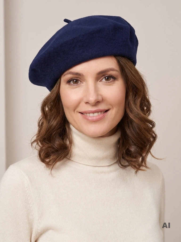 Elegancki beret damski wełniany granatowy – stylowe nakrycie głowy z antenką chroniące przed chłodem 40861