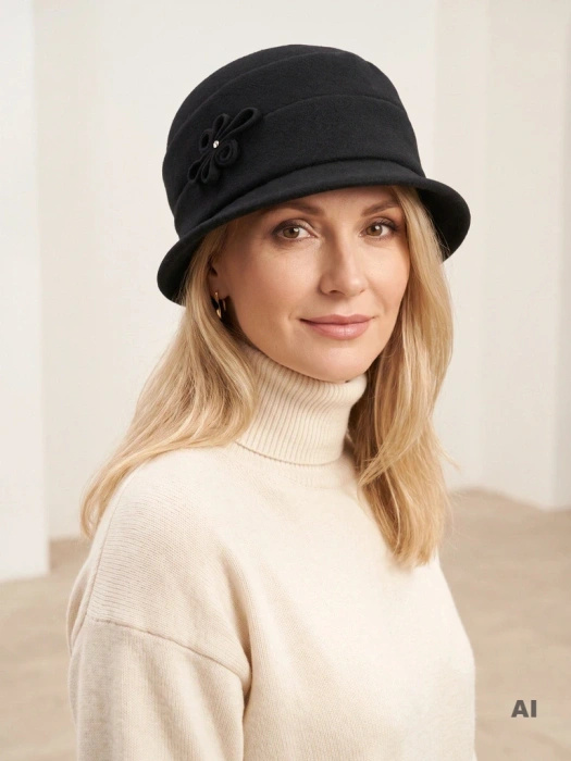 Stylowy czarny kapelusz damski cloche na zimę – ocieplany fason z ozdobną wstawką 42449