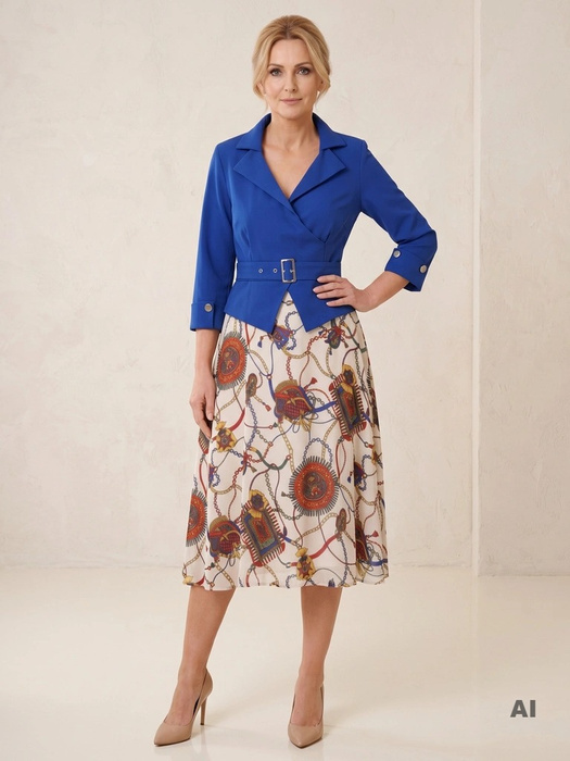 Elegancka chabrowa sukienka rozkloszowana na wesele – kobiecy krój z kołnierzykiem modelujący talię 25816