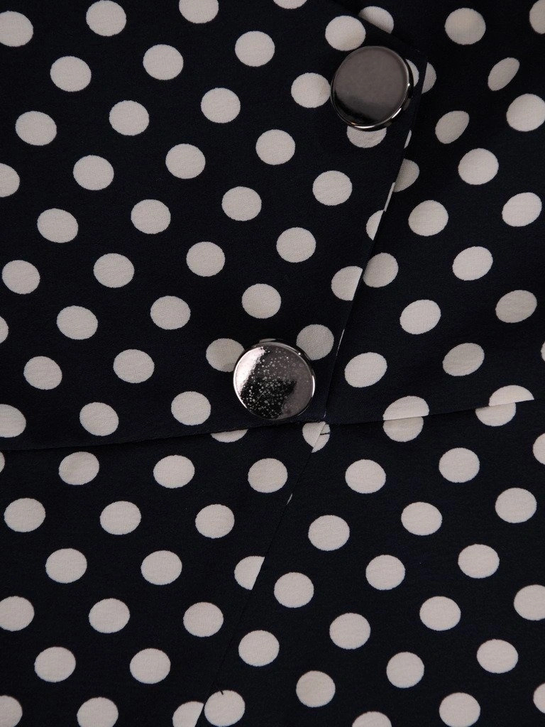Wizytowa sukienka ołówkowa w groszki z kołnierzem – kopertowy dekolt i modelująca talię baskinka 19537