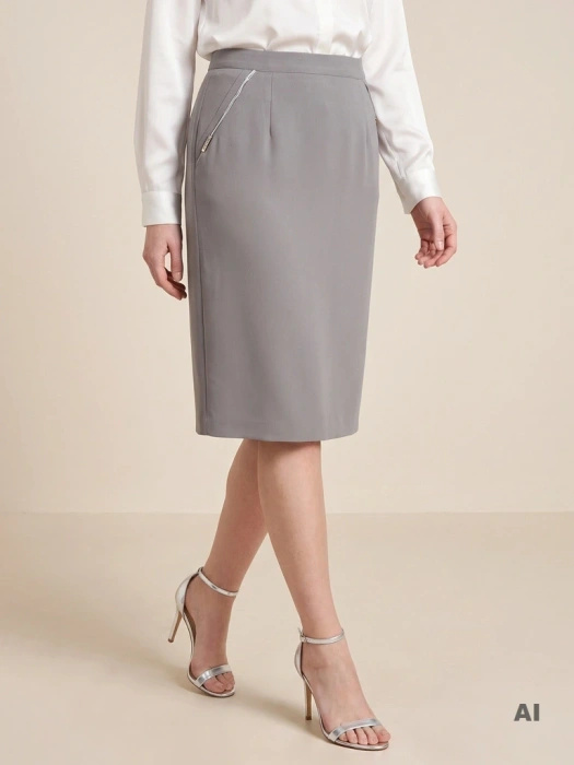 Elegancka spódnica midi o prostym kroju szara – kobiecy fason z rozcięciem modelujący sylwetkę 35631
