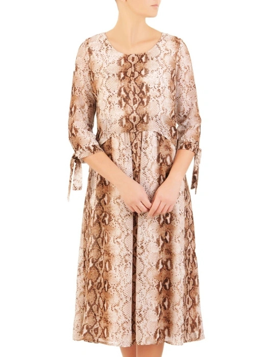 Elegancka sukienka trapezowa midi w zwierzęcy deseń – tuszujący krój z efektownym wiązaniem rękawów 30675