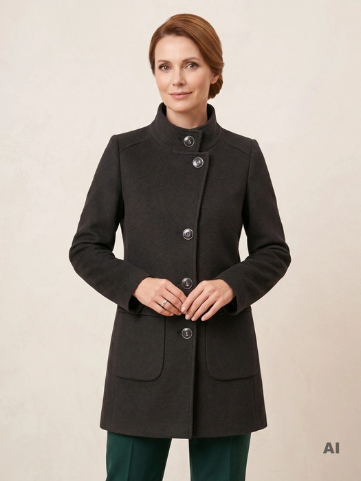 Czarny płaszcz zimowy damski o prostym kroju – elegancki model ze stójką zapinany na guziki 36931