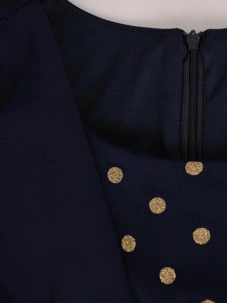 Granatowa sukienka midi w złote grochy – prosty fason z wyszczuplającymi wstawkami 18952