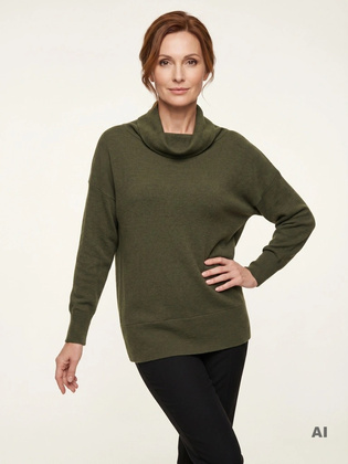 Elegancki sweter damski z golfem w kolorze ciemnej zieleni – prosty fason z praktycznymi kieszeniami 39098