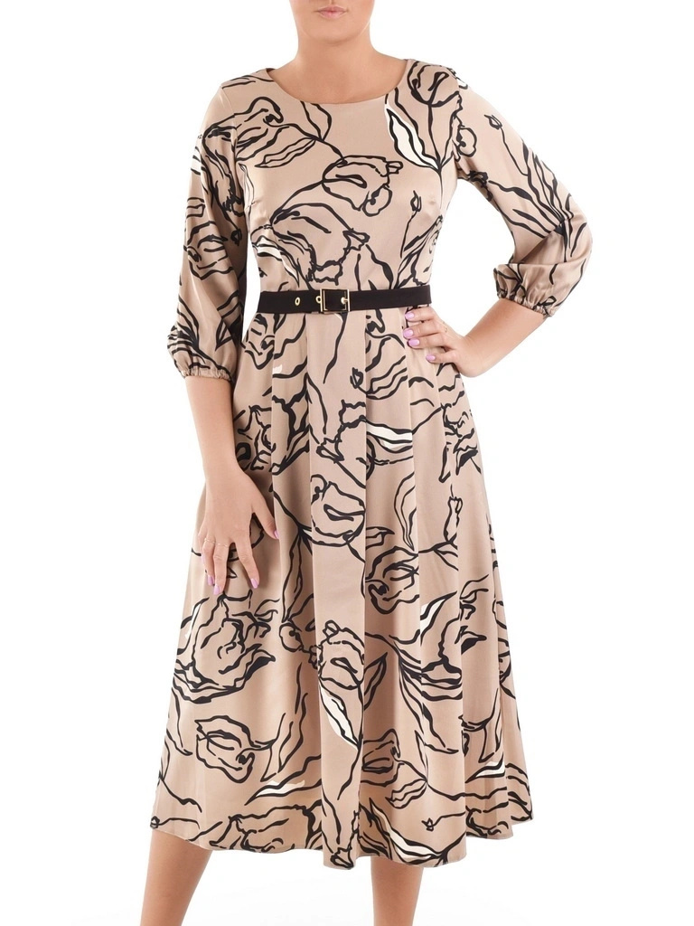 Wizytowa beżowa sukienka rozkloszowana maxi w kwiaty – rękaw 3/4 i pasek modelujący sylwetkę 41132