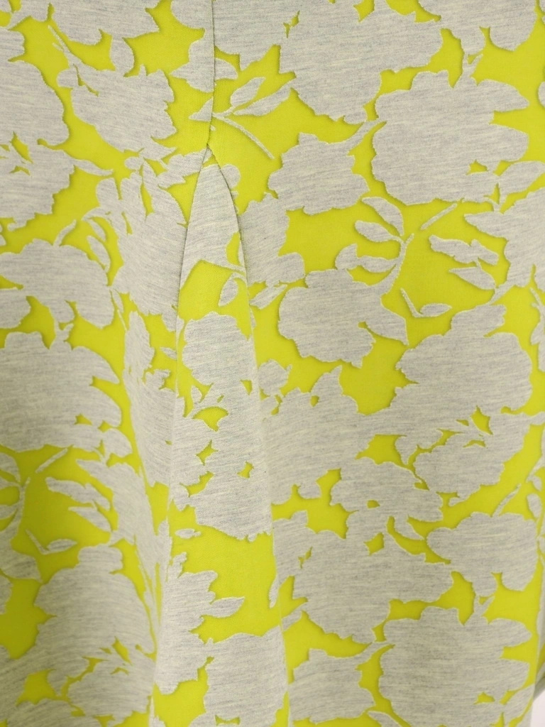 Szaro-limonkowa sukienka midi syrenka z godetami – pasek akcentujący talię i elegancki krój 35183
