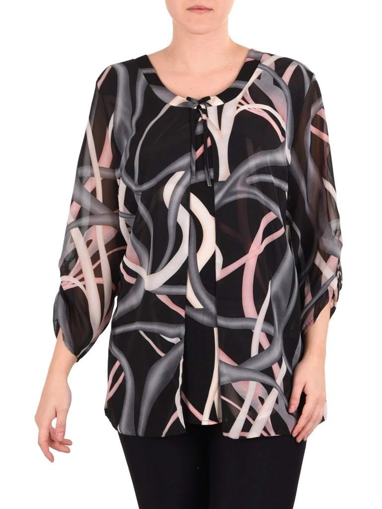 Nowoczesna czarna tunika plus size z dynamicznym printem – luźny fason z imitacją narzutki, wysmuklający sylwetkę 41087