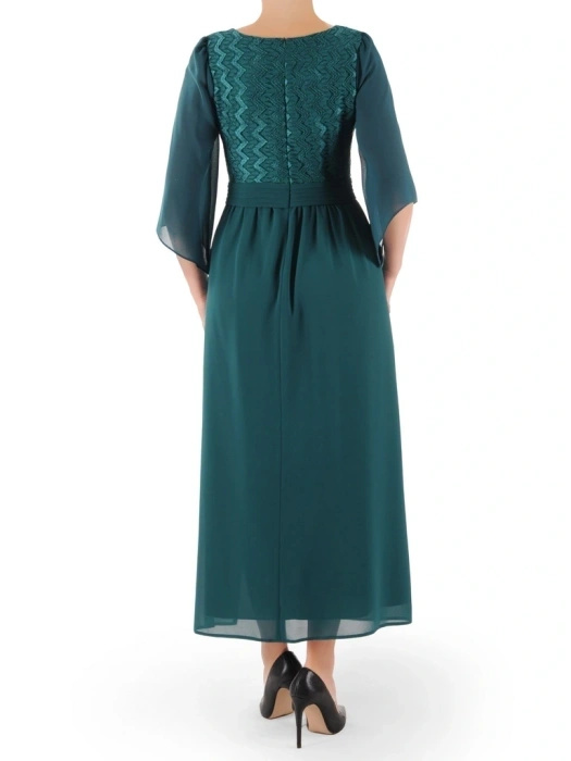 Elegancka suknia wieczorowa maxi butelkowa zieleń – rozkloszowany fason z wysmuklającym dekoltem w serek 38764