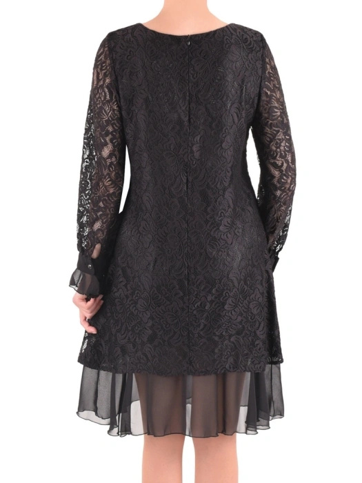Elegancka czarna sukienka trapezowa midi w kwiaty – swobodny krój z ozdobnymi falbanami 27386