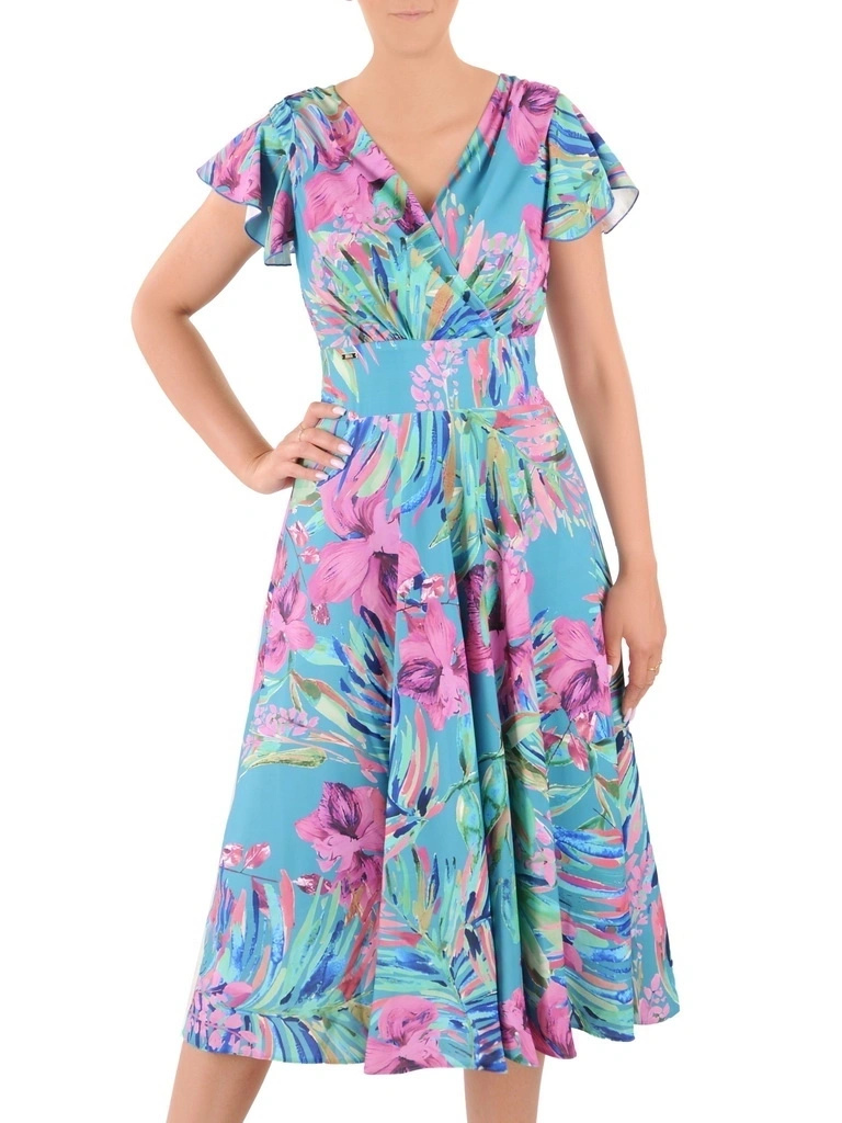 Elegancka sukienka rozkloszowana midi w kwiaty – kopertowy krój akcentujący talię 36349