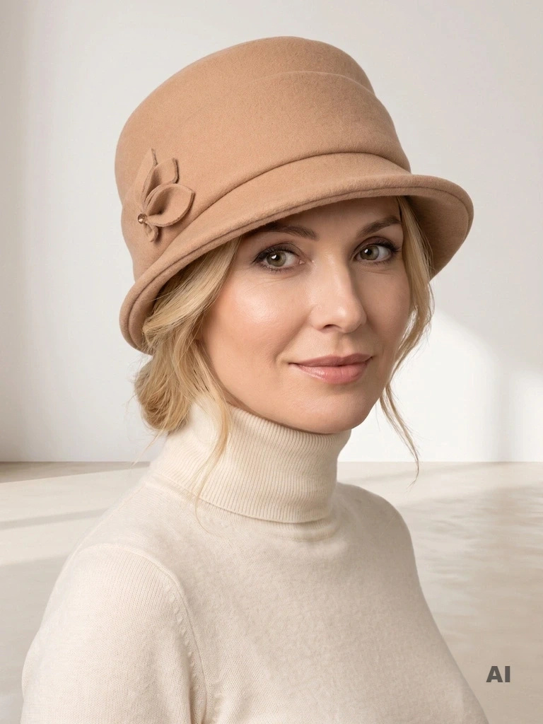 Ciemnobeżowy kapelusz damski cloche – ocieplany model na jesień z ozdobną wstawką 42407