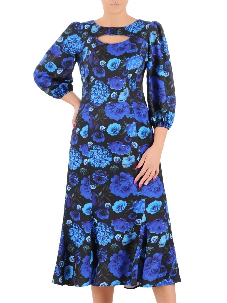 Chabrowa sukienka trapezowa midi w kwiaty – tuszujący biodra fason z dekoltem w łódkę i bufkami 36786