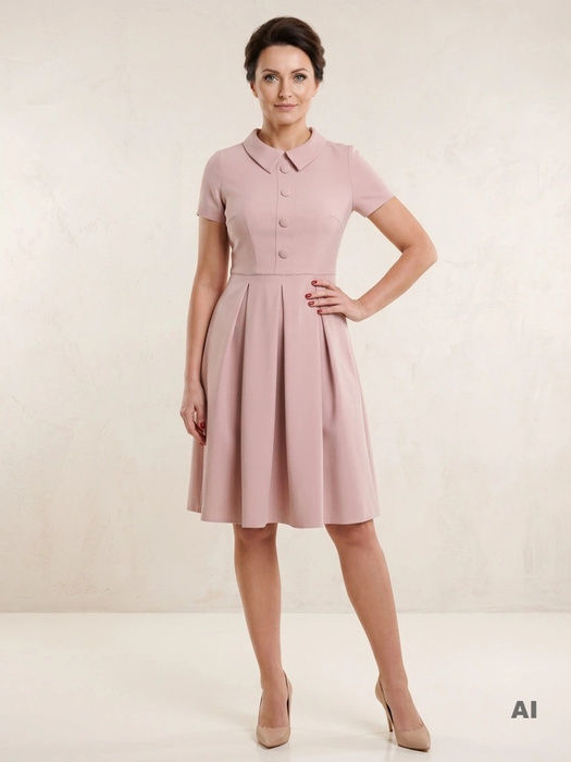 Elegancka sukienka rozkloszowana w pudrowym różu – stylowe kontrafałdy podkreślające talię 19624