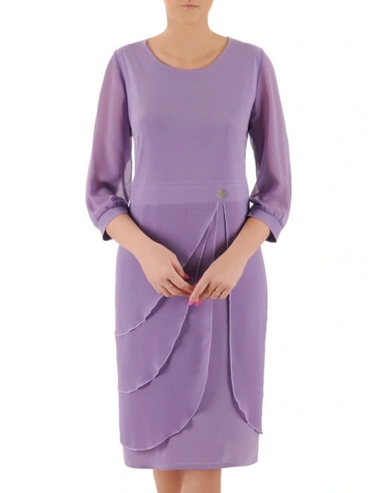 Liliowa sukienka na wesele midi o prostym kroju – elegancki fason z rękawem 3/4 i cyrkoniami 38257