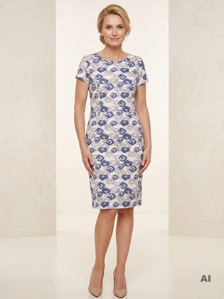 Wzorzysta granatowa sukienka wizytowa midi z krótkim rękawem – prosty krój zmysłowo podkreślający sylwetkę 38445