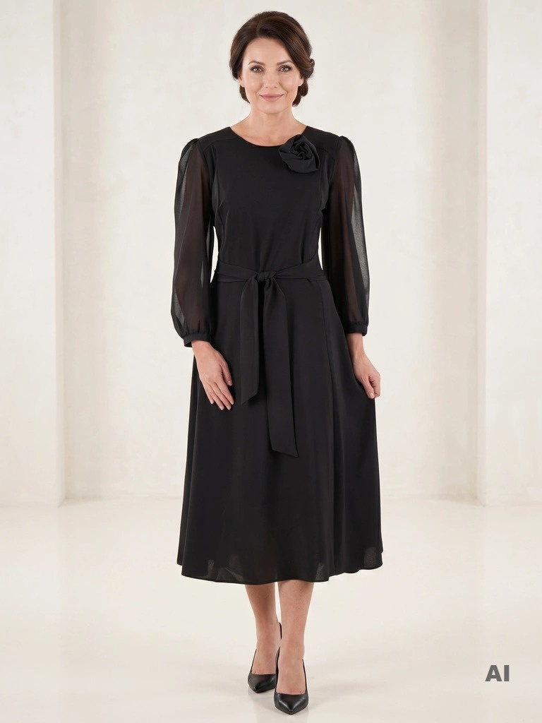 Elegancka czarna sukienka rozkloszowana maxi – szyfonowe rękawy i pasek podkreślający talię 40454