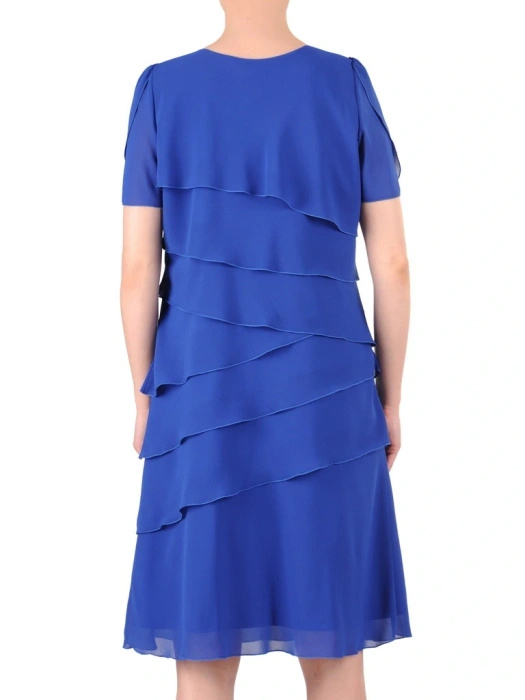 Elegancka chabrowa sukienka trapezowa midi – falbany na rękawach i luźny fason 35219