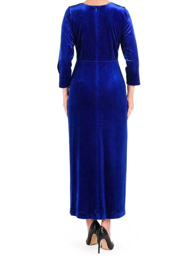 Elegancka sukienka wizytowa maxi o prostym kroju chabrowa – wysmuklający fason z odpinanym detalem 42494