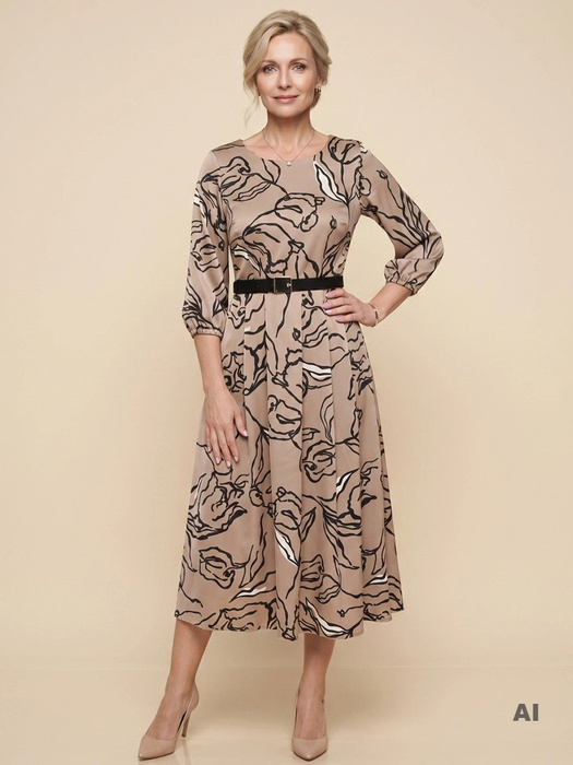 Wizytowa beżowa sukienka rozkloszowana maxi w kwiaty – rękaw 3/4 i pasek modelujący sylwetkę 41132