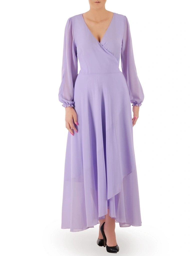 Elegancka liliowa sukienka maxi rozkloszowana – efektowne rozcięcia na rękawach i pasek w talii 36172